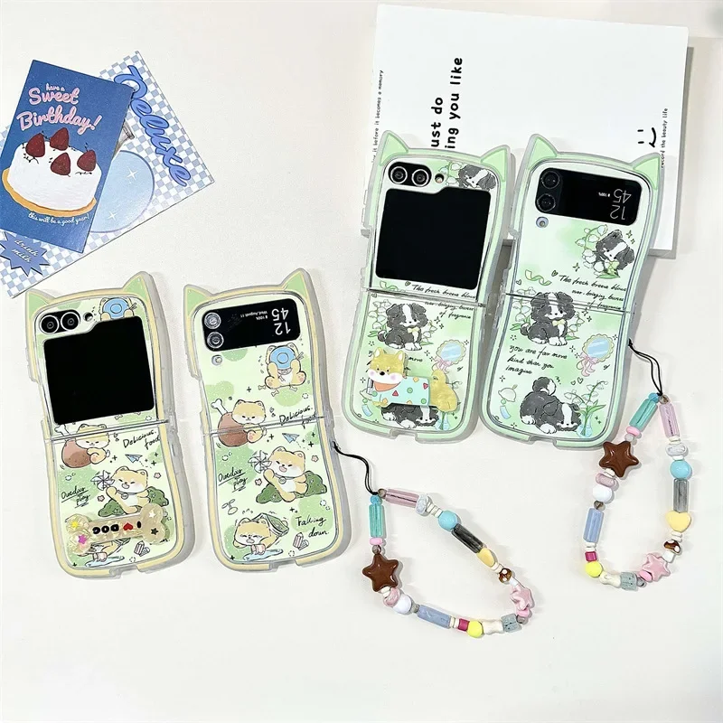 

Cute Dog Cat Ears Phone Case for Samsung Galaxy Z Flip 6 5 4 3 Protective Back Cover for ZFlip4 ZFlip5 ZFlip6 Case