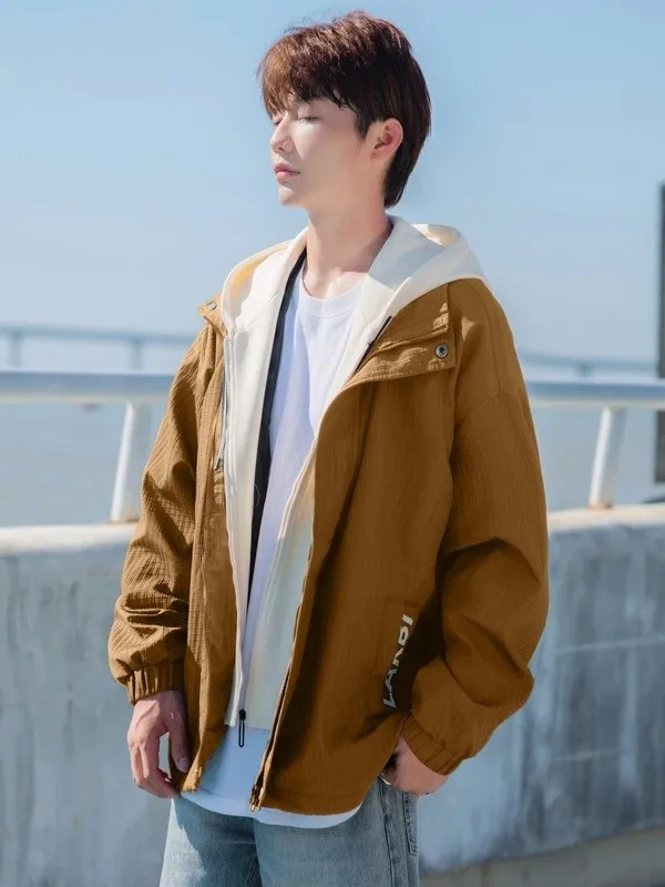 

Мужская повседневная куртка 2026 Весна-Осень, американская подростковая, комбинированная, ветрозащитная, с капюшоном, двухслойная, на флисовой подкладке, для активного отдыха