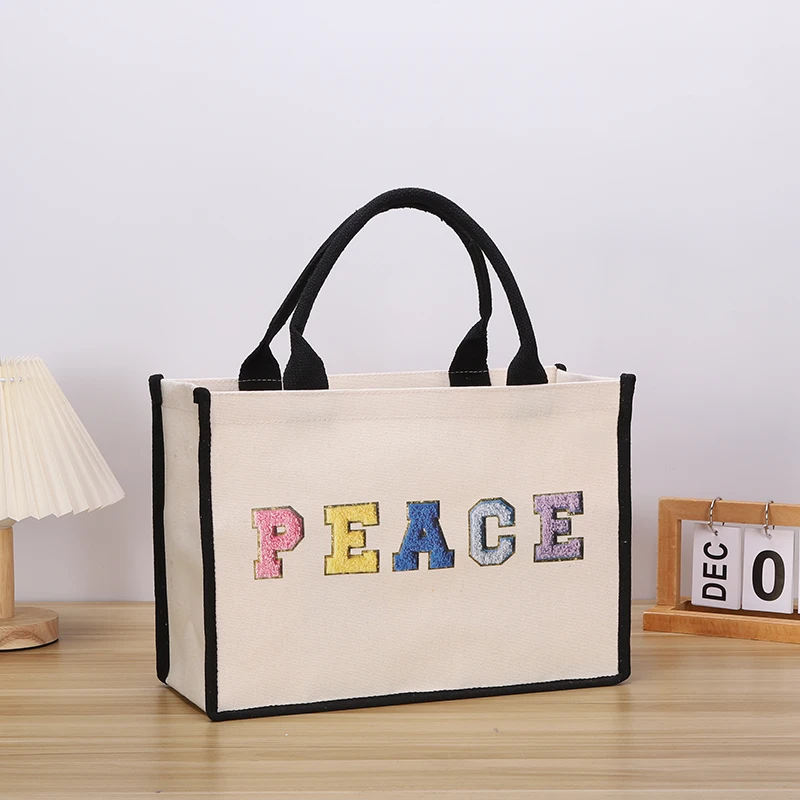 

Women's letter open thickened single shoulder bag daily large capacity canvas lunch bag travel gift shopping bag
