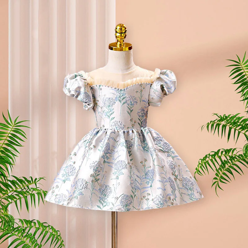 New Style Birthday Party Dress Girls' Embroidery Flower Dress Puff SLeeve Silk Ball Gown Children's Dancing Dress