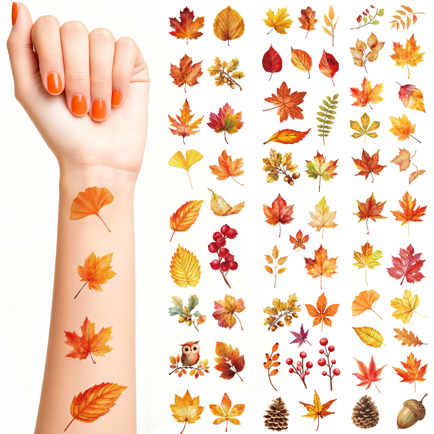 

10 Sheets Fall Leaves Temporary Tattoos Autumn Harvest Tattoos Stickers for Decor, Maple Leaves Fake Tattoo Autumn Leaf Face