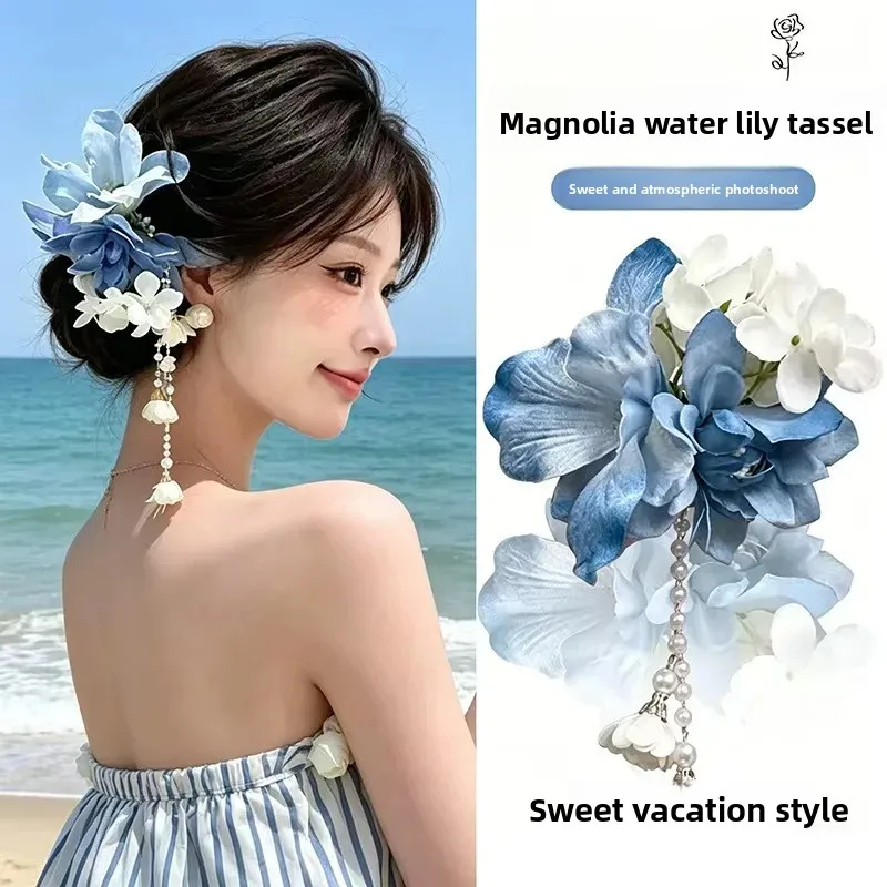1PC Simulated Flower Tassel Hair Clip Women Vacation Style Headwear Hanfu Cheongsam Side Clip