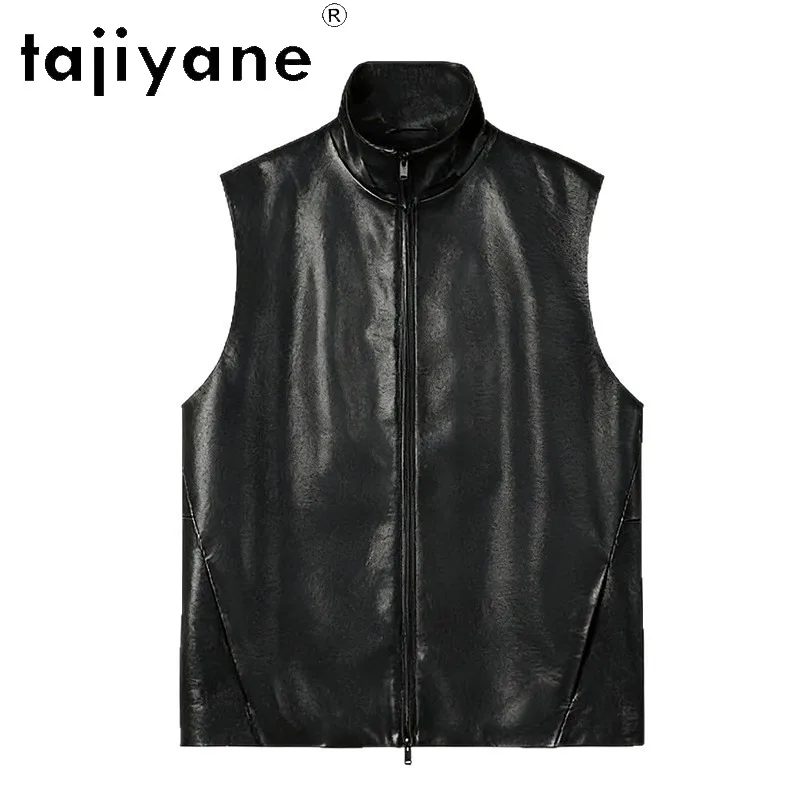 TAJIYANE 100% Sheepskin Genuine Leather Jacket Women Black Waistcoat Stand Collar Oversized Jackets Double Zipper Veste Femme