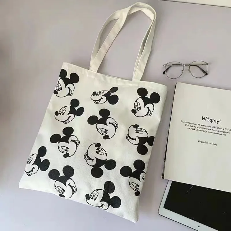 Disney Black and White Mickey Simple Letter Canvas Bag Unisex Casual Bag Shopping Thickened Canvas Bag