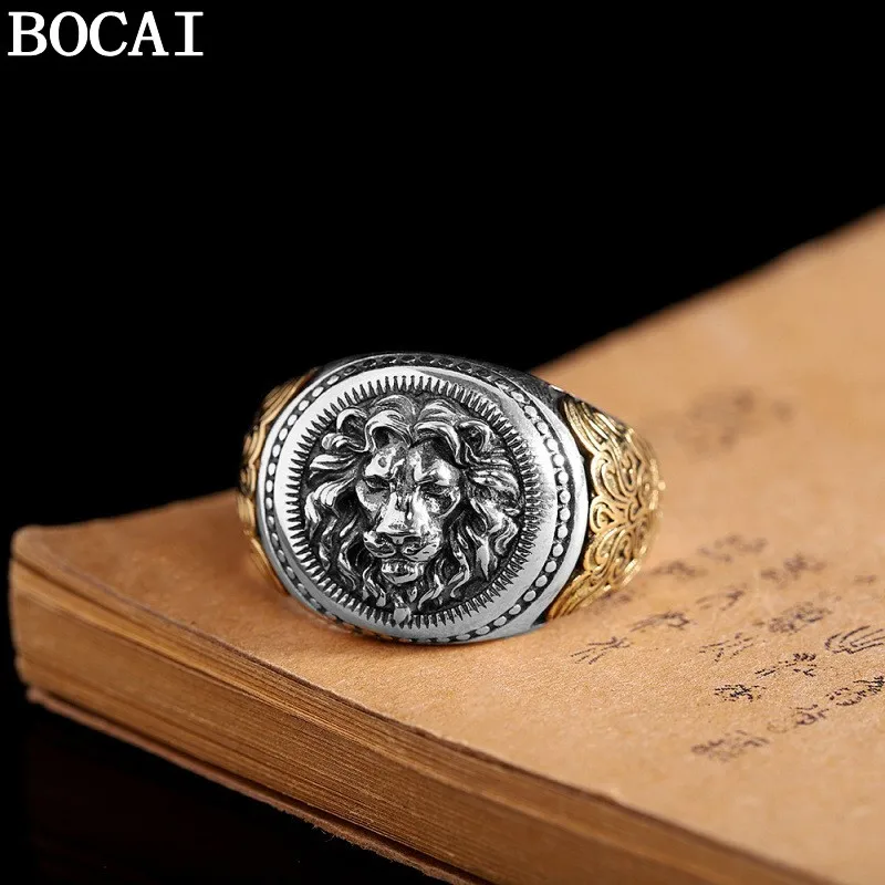 BOCAI New S925 Silver Jewelry Retro Punk Style Gold Ivy Pattern Trendy Lion Man's Ring Personalized Birthday Gift Wholesale