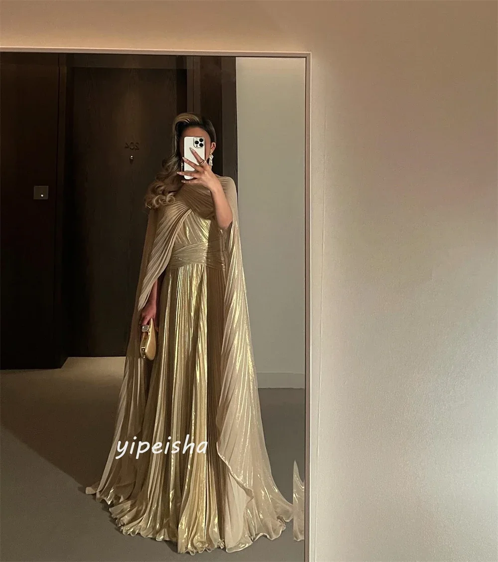 Fashion Draped Pleat Floor-length Evening Dresses for Women A-line O Neck Long Wedding Guest Dress Women Elegant Luxury Plus