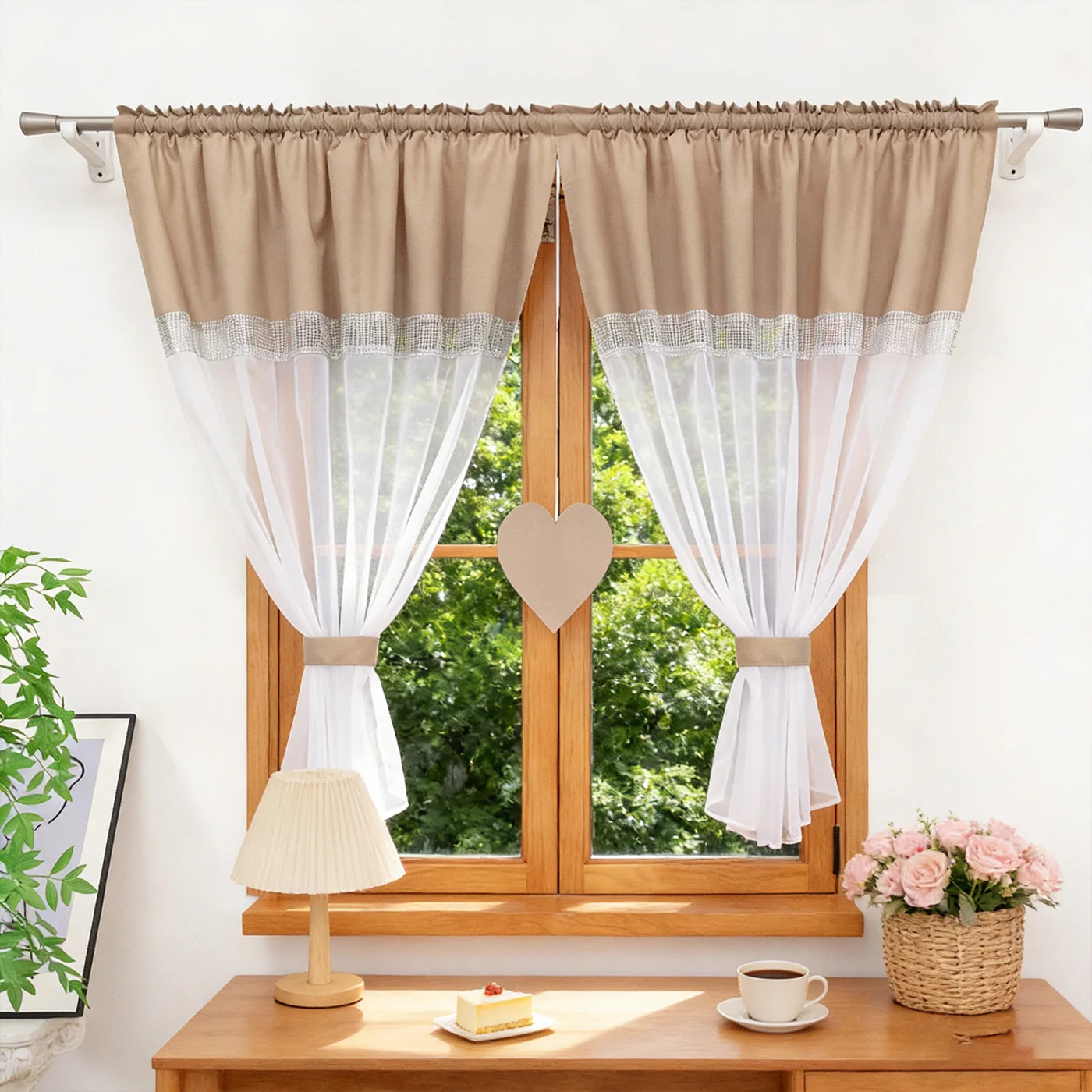 1 cortina transparente con forma de corazón de estilo europeo, multiusos para sala de estar, dormitorio y cocina, hermoso regalo de inauguración de casa