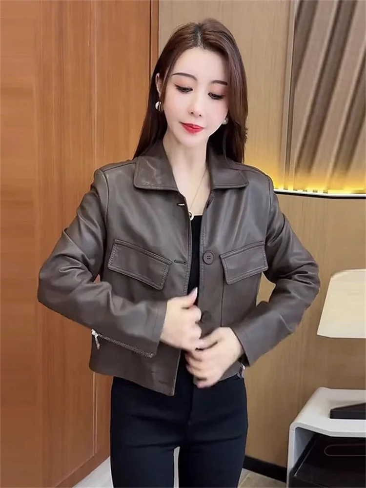 เสื้อโค้ทผู้หญิงทรงหลวม ผ้าหนัง PU  แบบติดกระดุม  คอปก  สำหรับคนตัวเล็ก  รุ่นใหม่  ฤดูใบไม้ร่วง