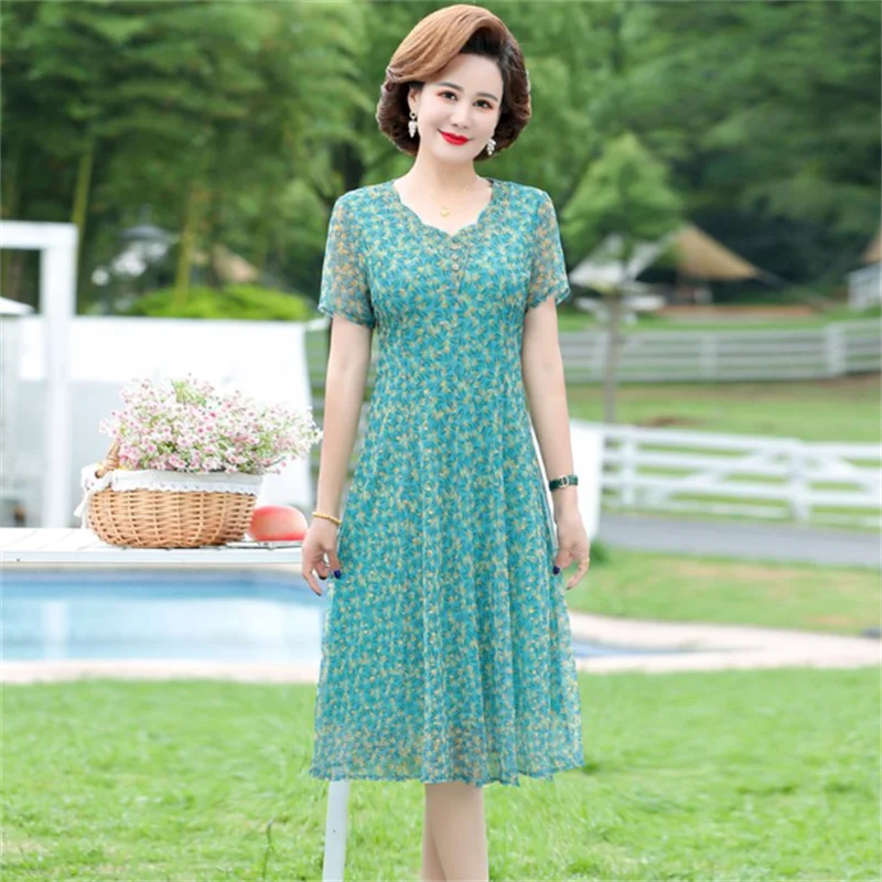 중년 여성 V 칼라 캐주얼 쉬폰 반팔 드레스, 여성 비치 드레스, 미디 드레스