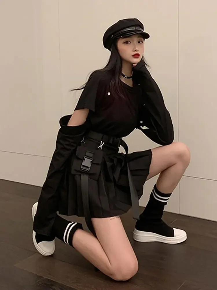 Harajuku Skirt Women Oversized Korean Dark Punk Style High Waist  A-Line Pleated Skirt Girl 2024 Summer Trend