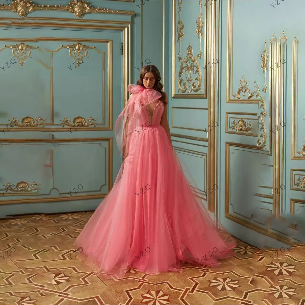 

Модное платье А-силуэта на день рождения, с бисером, открытыми плечами, из фатина, свадебное, с V-образным вырезом, бантом, для торжественных мероприятий, розовое, на заказ