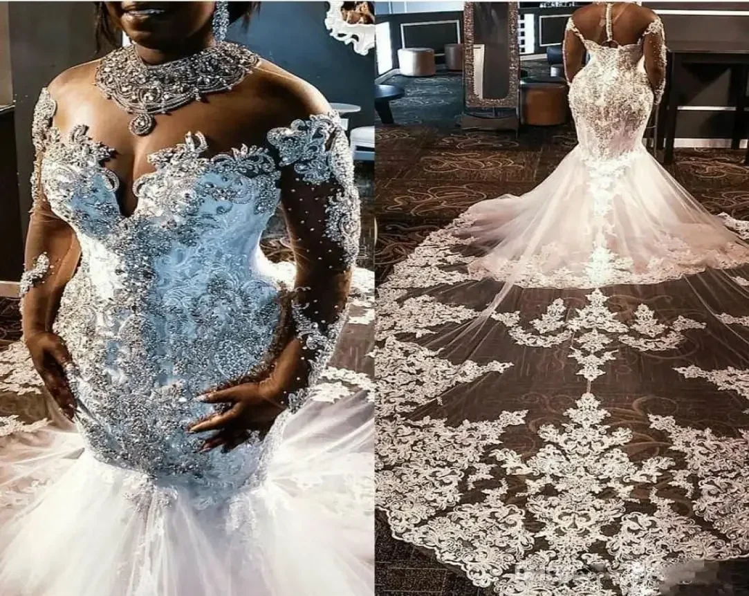 Customized Crystal Beaded African Mermaid Wedding Dresses With Illusion Long Sleeve Custom Made Bridal Bride Gown