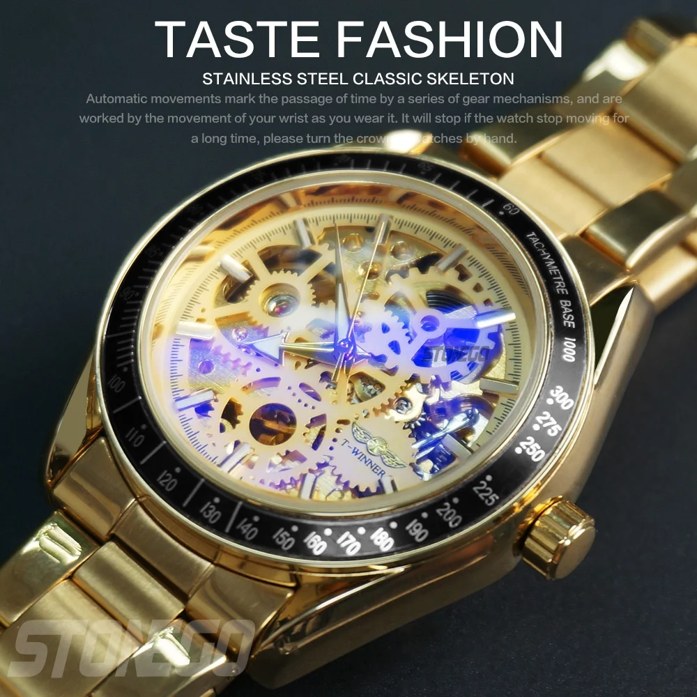 Mens Mechanical Automatic Exquisite Skeleton Watch Luxury Gold Business Dress Dual Winding System Photochromic Glass Luminous