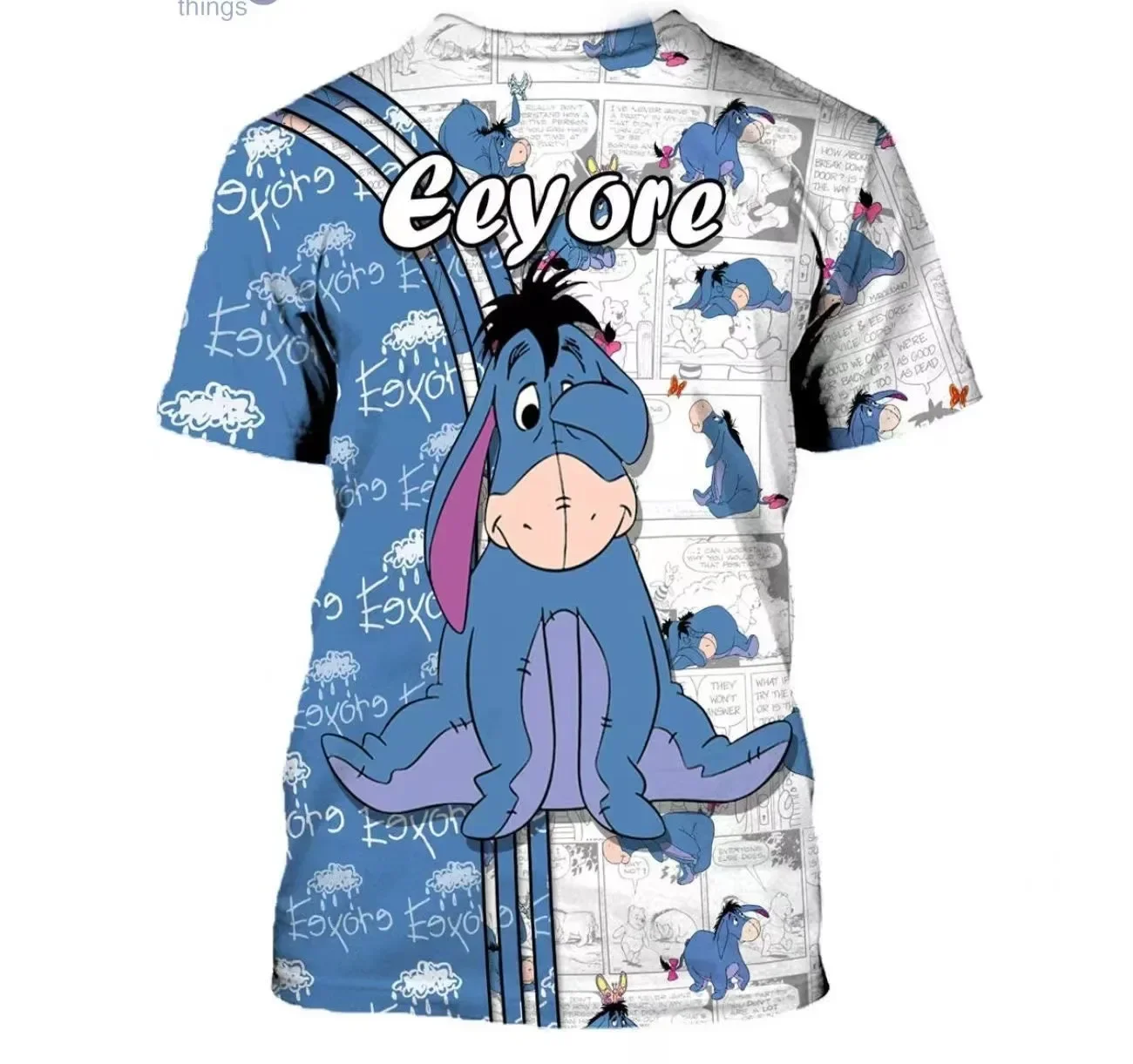 2024 Disney Blue Eeyore Donkey Cross Comic Book Patterns Disney Cartoon 3D Men and Women T-Shirt