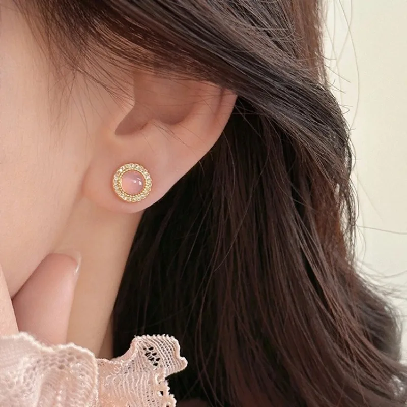 

Round natural pink chalcedony earings stud new in high-end exquisite inlay diamonds earrings for women banquet jewelry gifts