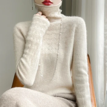Modny sweter z kaszmiru 100% wełna merynosów sweter zimowy zabudowany dekolt jednolity, długi rękaw damski bezszwowy sweter z dzianiny z dziurami