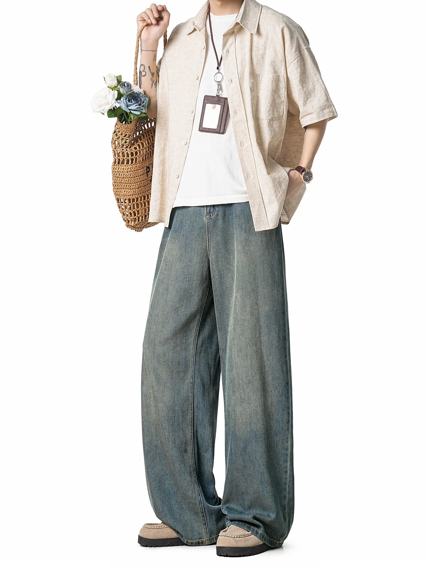 American Style Rylee Ice Silk Jeans Men Summer Thin Straight Leg Wide Leg Breathable Boys Jeans Cotton Polyester Lyocell Viscose
