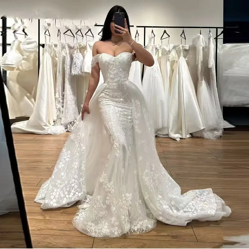 

Customized sixy Mermaid Wedding Dresses for Off the Shoulder Appliques Detachable Train Bridal Gown vestidos de novia
