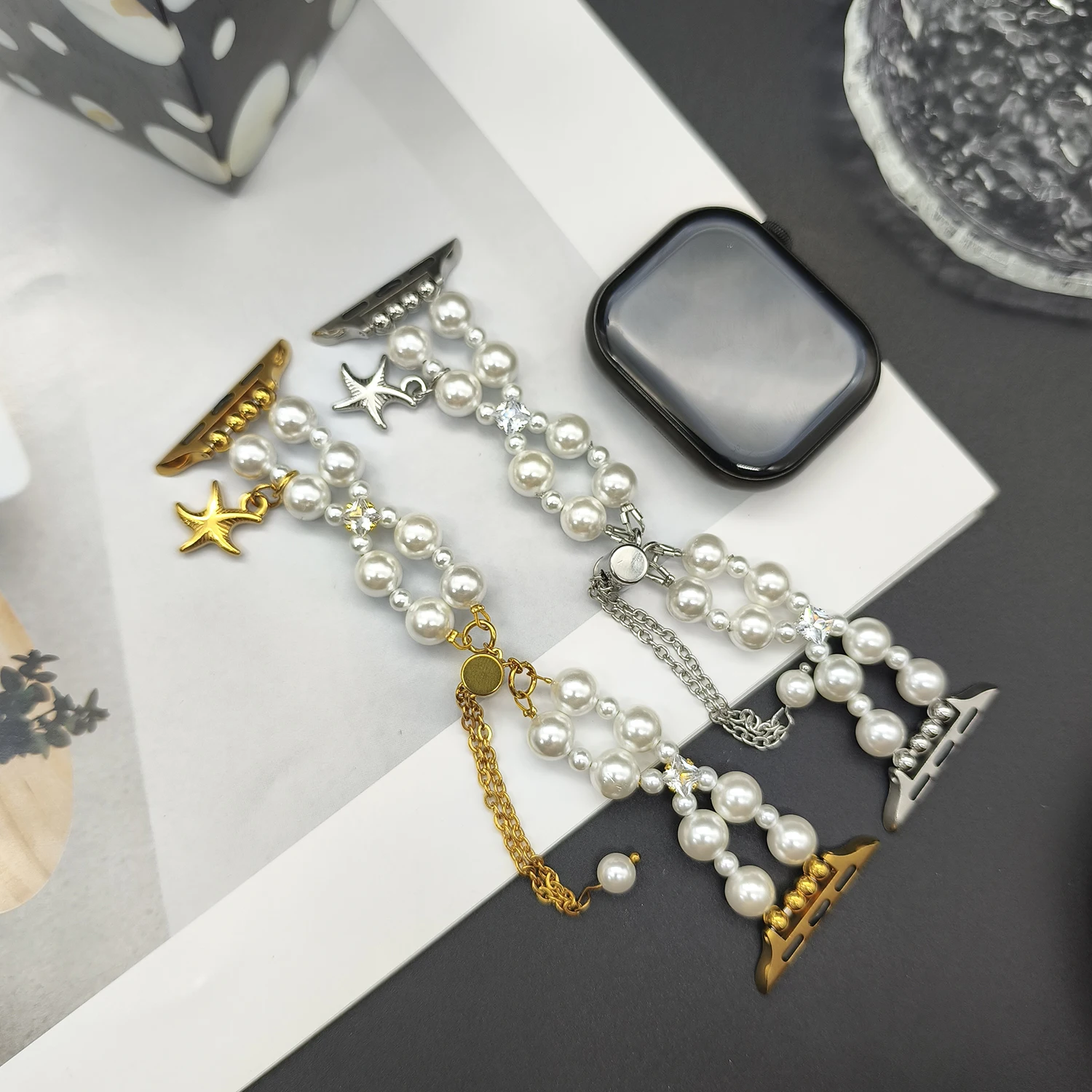 

Ремешок-браслет с квадратным бриллиантом и жемчугом для Apple Watch S10 46/44/45/42/41/40 мм, модный женский ремешок для IWatch Series Ultra S11 S9