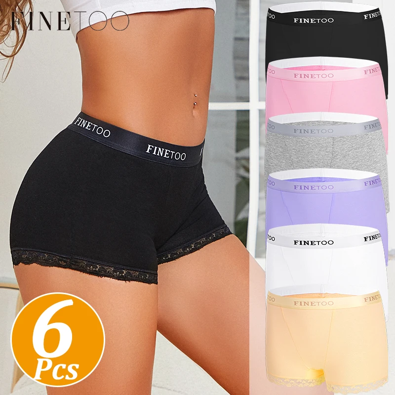 FINETOO 6Pcs Women Cotton Boxer Briefs Safety Shorts Underwear Soft Stretch Lace Trim Girlshort Panties Mid‑Rise Seamless Under Dresses Seamless Underwear Short Panties For Daily Workout Casual Wear S‑XXL Plus Size Panties Multi‑Color Pack