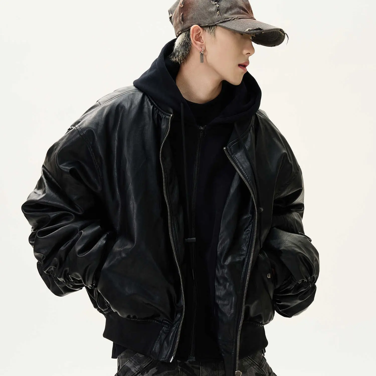 2025 New Spring Y2k Outerwears Vintage Black Faux Suede Leather jacket Men Zipper Fake 2 Piece Luxury Designer Clothes Hoodie