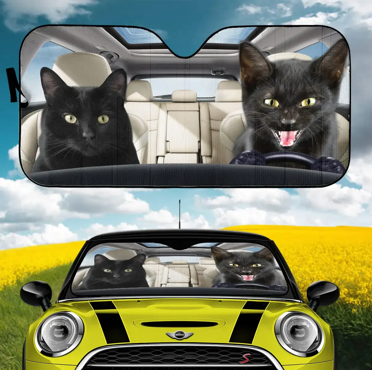 Funny Black Cats Driving Car Auto Sunshades Winter Season Drive Car Sunshade, Black Cat Couple Driving On Winter Auto Sun Shade