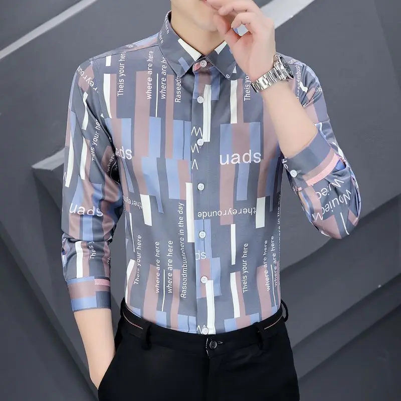 Stylish Lapel Button Spliced Printed Letter Shirts Men\'s Clothing 2022 Autumn New Oversized Casual Tops All-match Korean Shirt