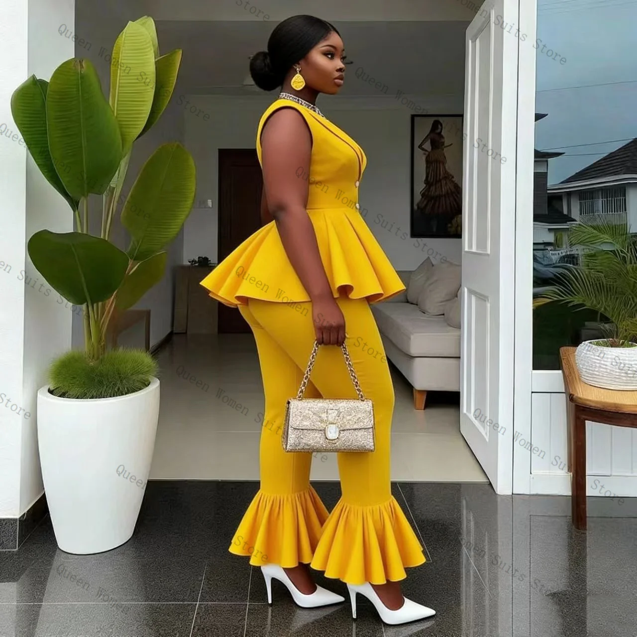 Yellow Women Suit Pants Set 2 Pcs Vest+Trousers Cotton Prom Formal Office Lady Jacket Sleeveless Wedding Coat Customized view 4