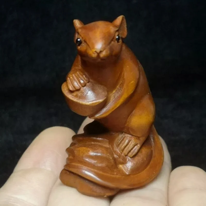 Old Japanese Boxwood Hand carved Wealth Mouse Figure Statue Netsuke Collection