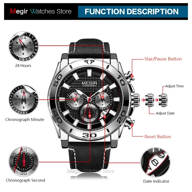 MEGIR Men's Army Sports Chronograph Quartz Watches Leather Strap Luminous Waterproof Wristwatch Man Relogios Clock 2094 Silver