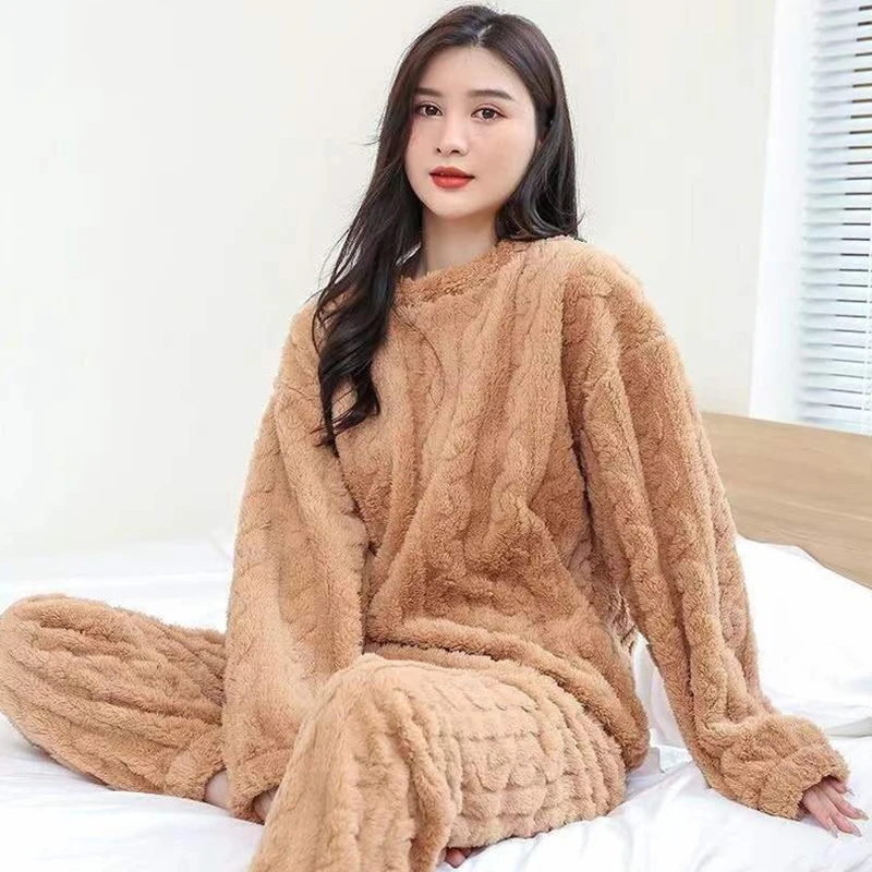 New Autumn Women Solid Warm 2 Piece Sets Thicken Velvet Ribbed Fleece Set Pullover and Pants Women Casual Pajama Sets