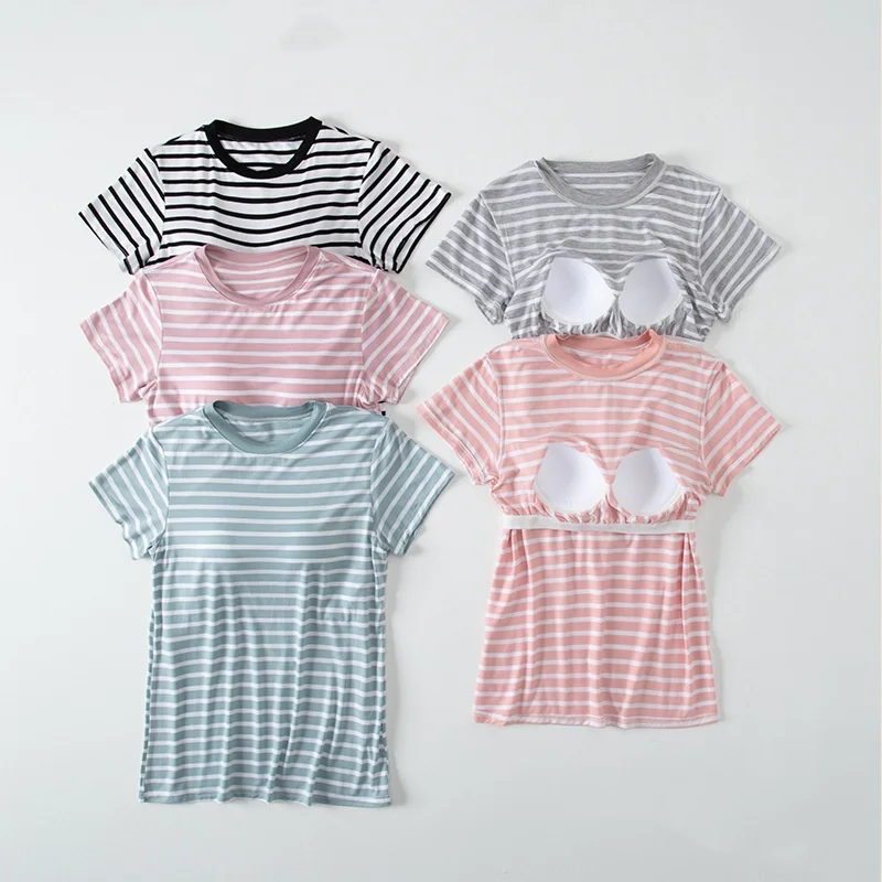 

Summer 2024 New Home Wear Blouse Loose Top Women Clothing Chest Pad One Piece Pajamas Striped Short Sleeve Sleepwear T-shirt