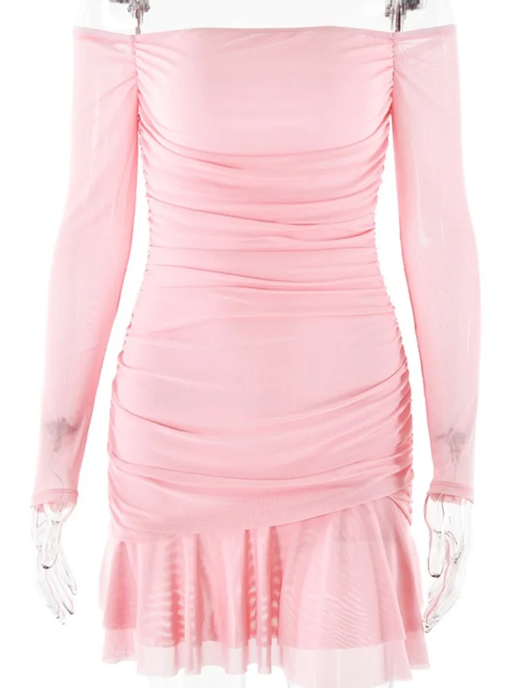 Pink Off Shoulder Mini Dress Women Fashion Ruched Long Sleeve Slash Neck Bodycon Short Dresses Elegant Sexy Party Wear