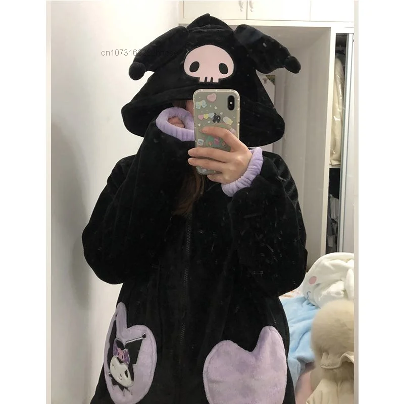 Sanrio Cute Kuromi Plush Hooded Coral Plush Pajamas Set 90s Aesthetic Thickened Warm Home Fur Pijama Set Korean 2000s Sleepwear