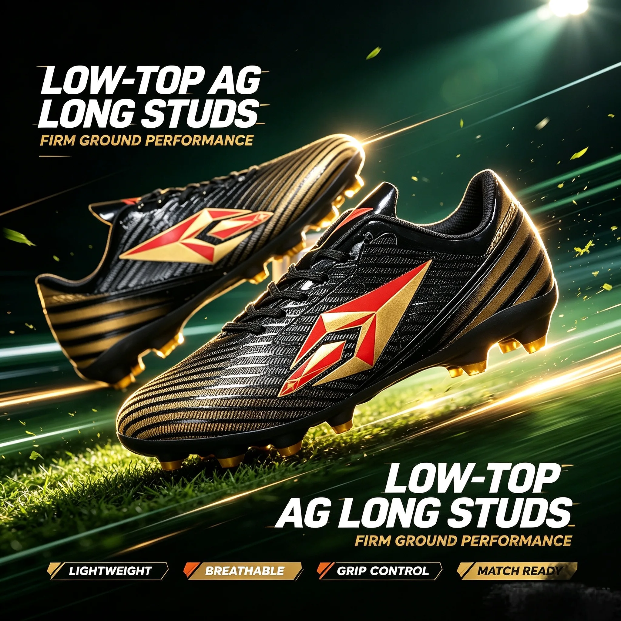 High Grip Wear Resistant Breathable Lightweight Low-Top AG Long Studs Firm Ground Outdoor Professional Match Daily Training Adul