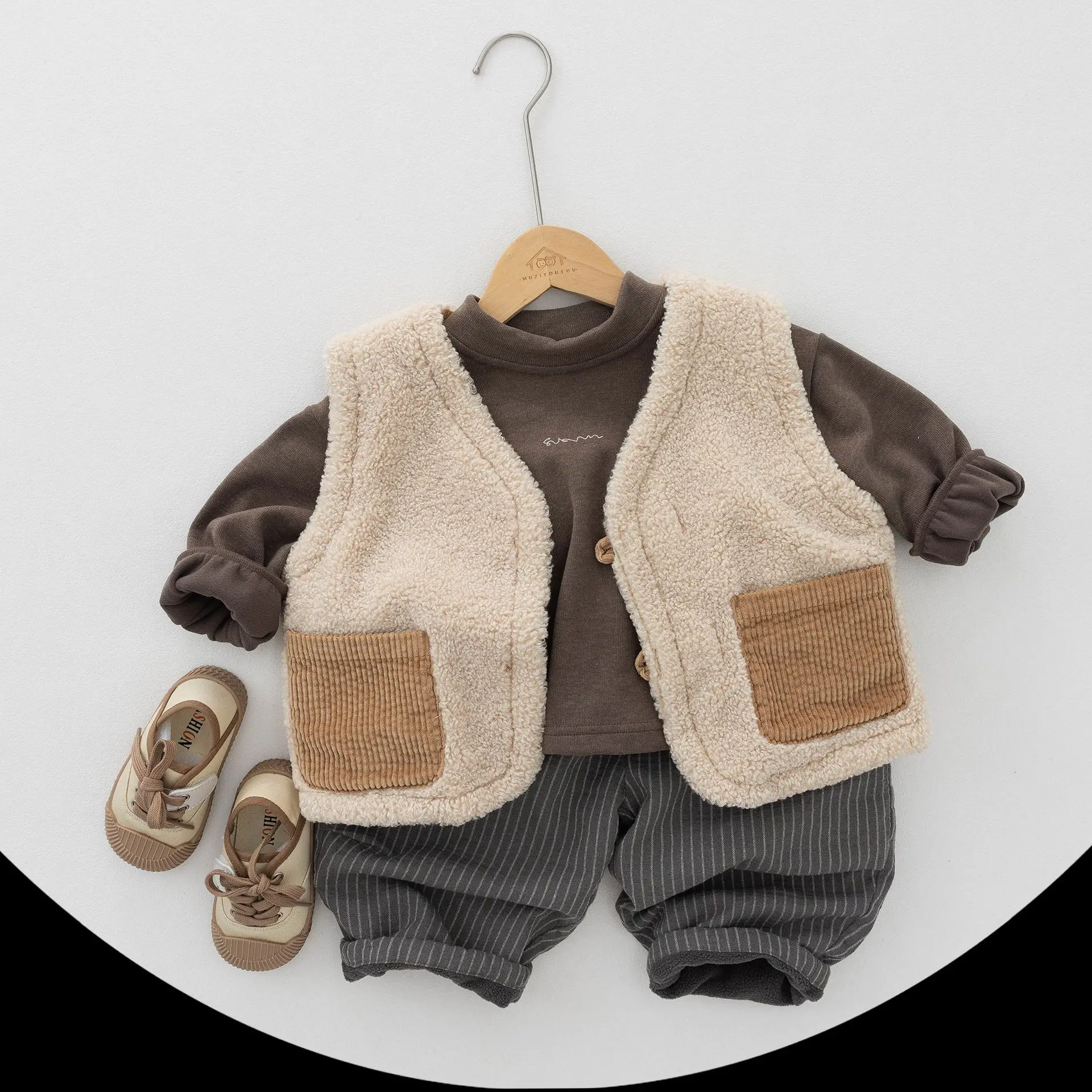 Korean Children's Vertical Striped Fluffy Pants 2026 Loose Lantern Pants Boys and Girls Warm Children Pants Autumn and Winter