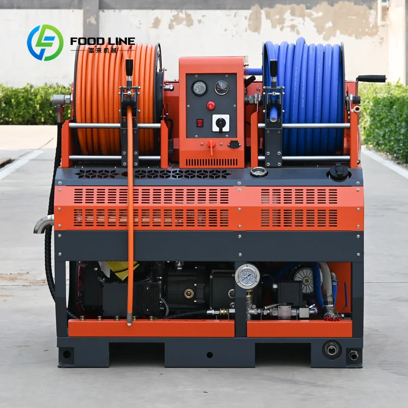 Customized drain pipe jetter sewer washing equipment high pressure jet cleaning unit dual hose reels wireless remote control