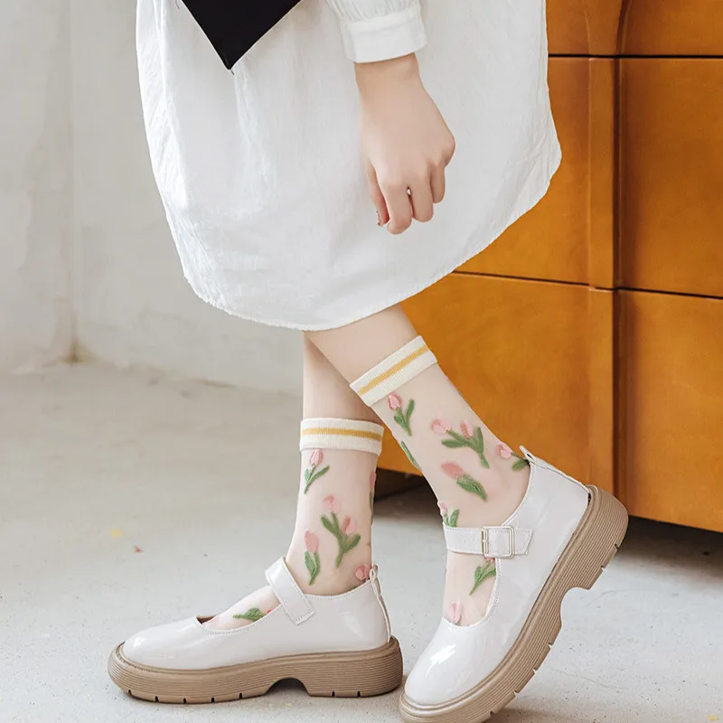 Women Tulip Summer Thin Crew Socks Ruffled Edge Breathable and Comfortable Fashion Cute Print Sweet Silk Flower Transparent Sock