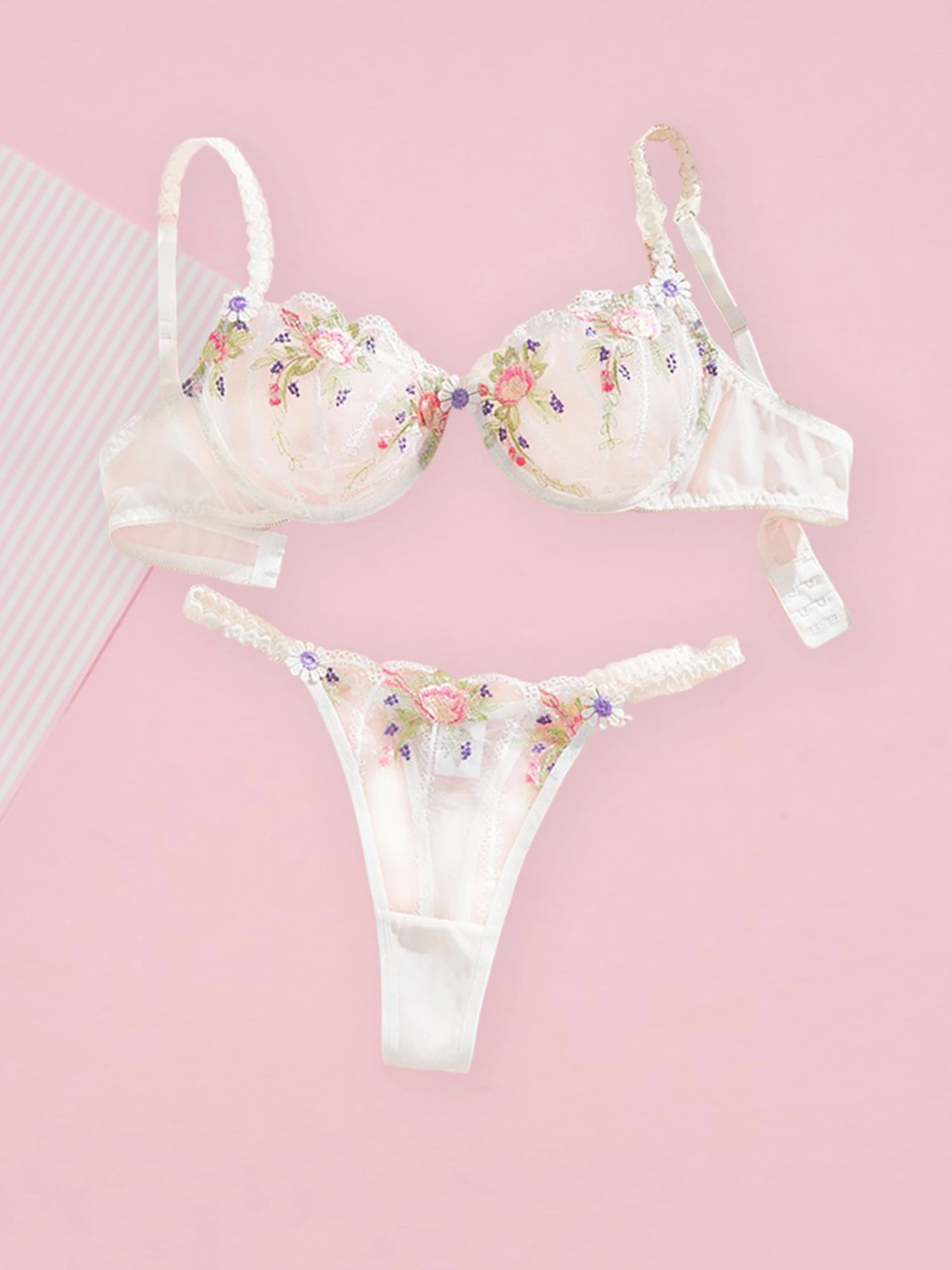 مجموعة ملابس داخلية مثيرة من الدانتيل مع تطريز زهور وحمالة صدر رافعة متطابقة لملابس نوم بيبي دول مغرية #3