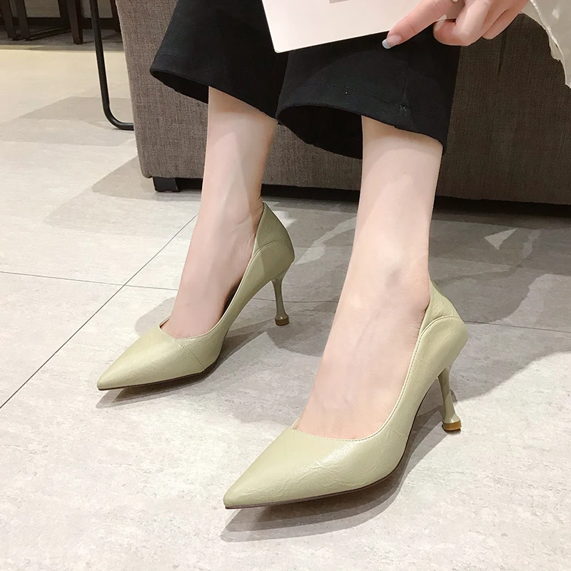 Cream High Heels Soft Sole Versatile Professional Women's Shoes Pointed Toe Summer Flats Non-wearing Comfortable Ladies Footwear