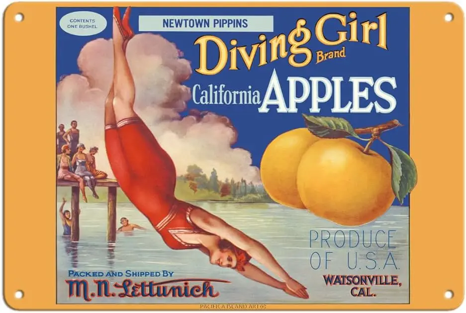 Pacifica Island Art California Apples - Newtown Pippins - Diving Girl Brand - Vintage Fruit Crate Label c.1920s - 8 x 12 inch Vi