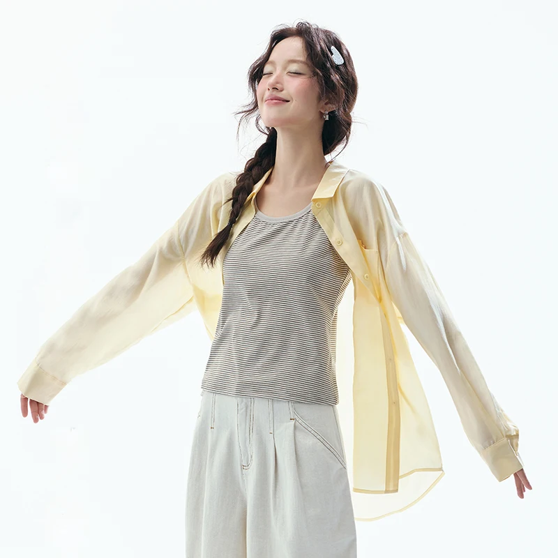 

Lacele Summer 2026 Women's Sun Protection Silk Shirt Cool Sensation Air Conditioning Thin Outerwear Long Sleeve Casual Style