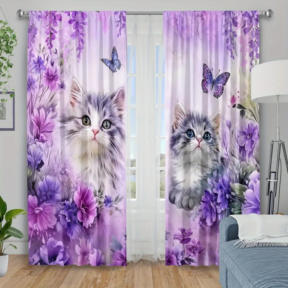 2pcs Wisteria Cat Curtains Purple Flower Butterfly Print Drape Girls Room Bedroom Window Treatment Dreamy Pet Home Decor Panels