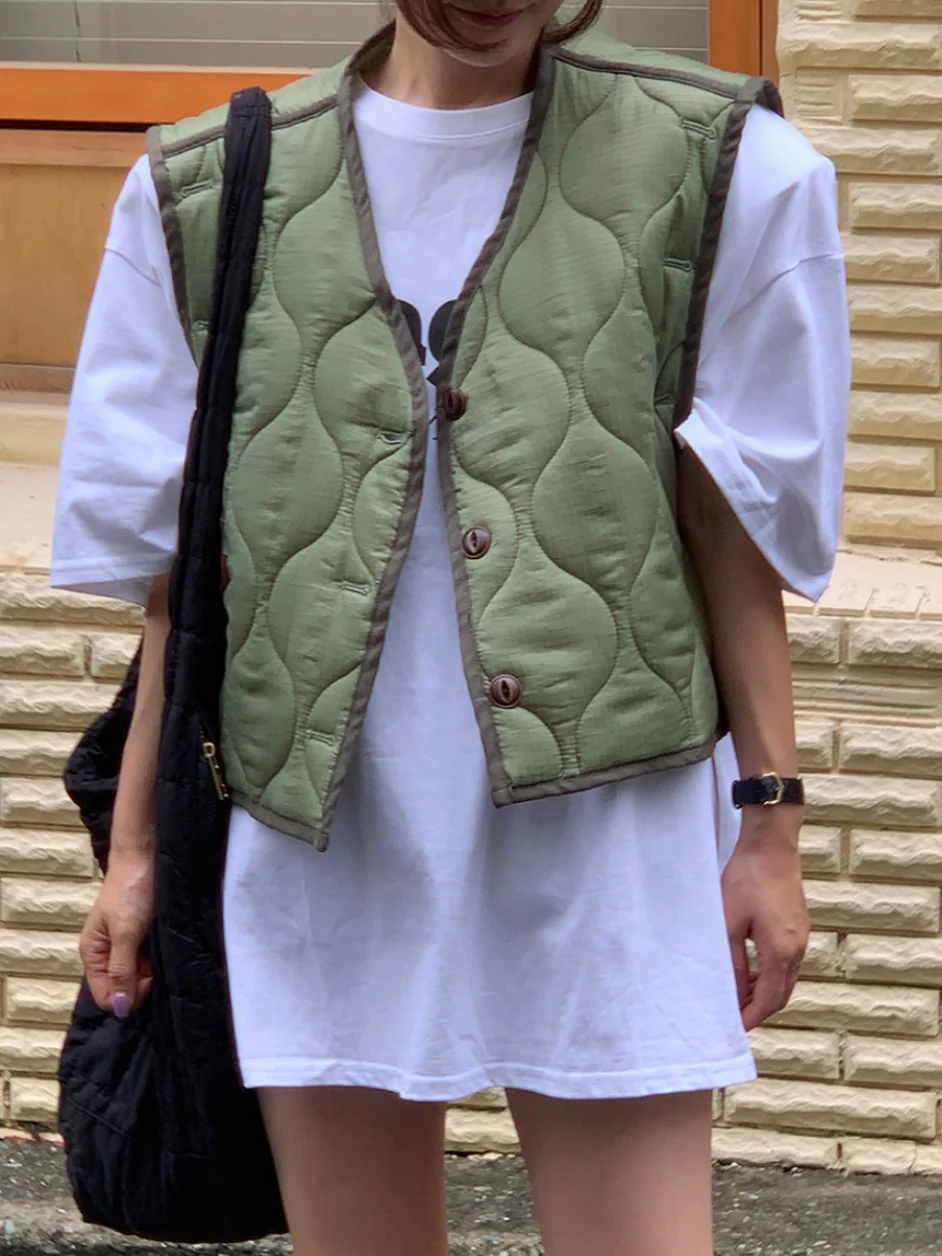 Retro Loose Women's Cotton Vest Svel Quilted Wave Texture Warm ort Jaet V-Ne Single Button Closure Winter Outerwear