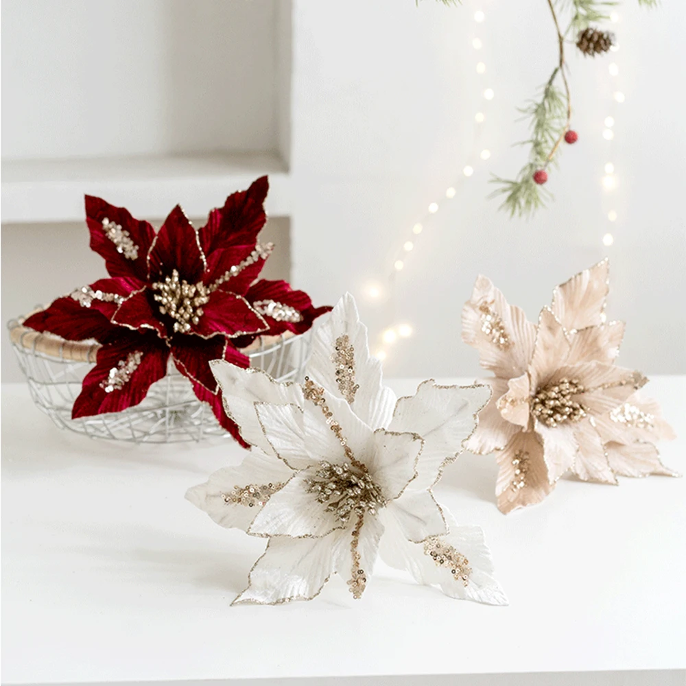 High Quality Artificial Christmas Flower 26cm Velvet Cloth With Glitter Powder Fake Large Flower Head Xmas New Year Home Decors