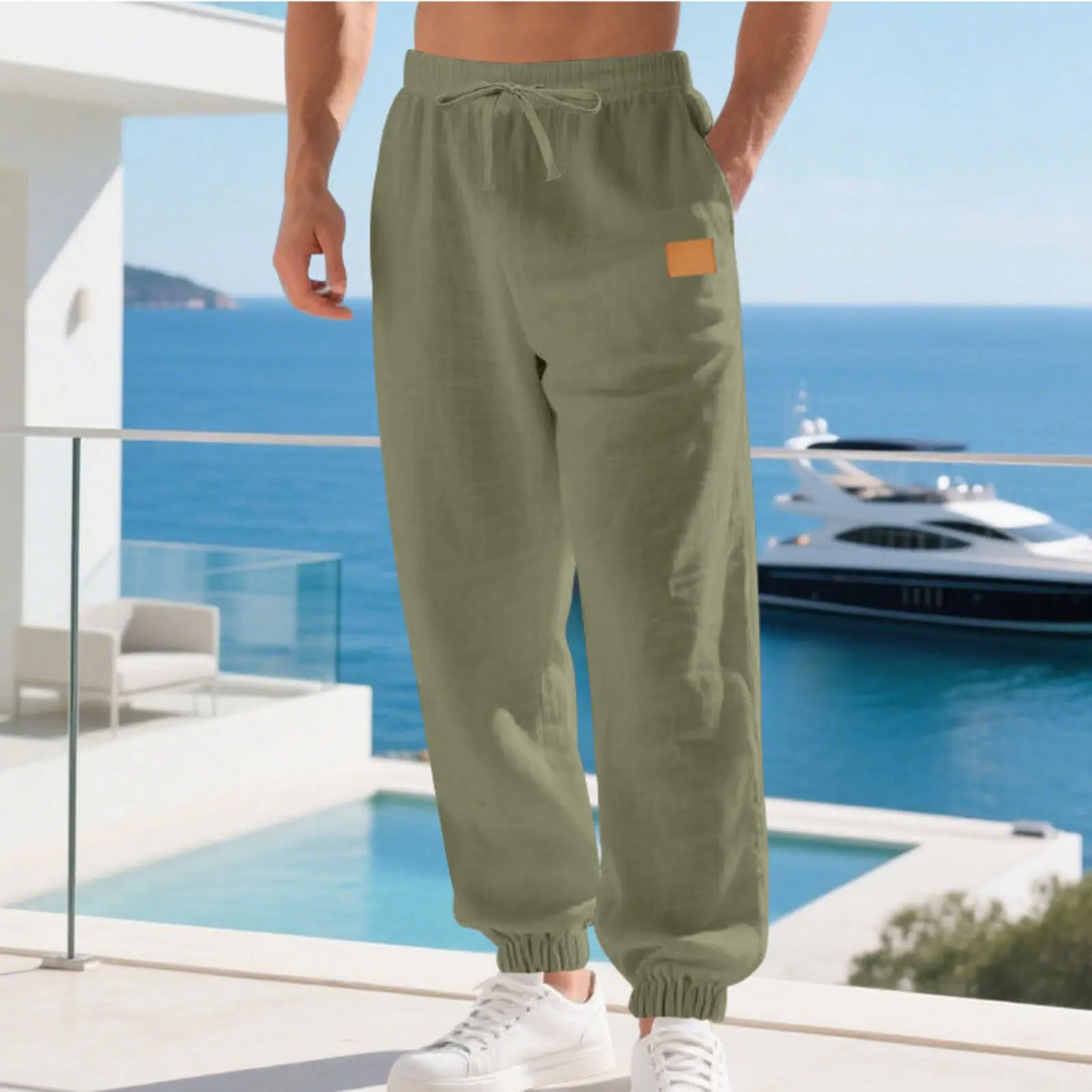 

Men's Casual Linen Trousers Elastic Waist Drawstring Pants Spring Summer Solid Color Loose-fitting Sweatpants Beach Pants