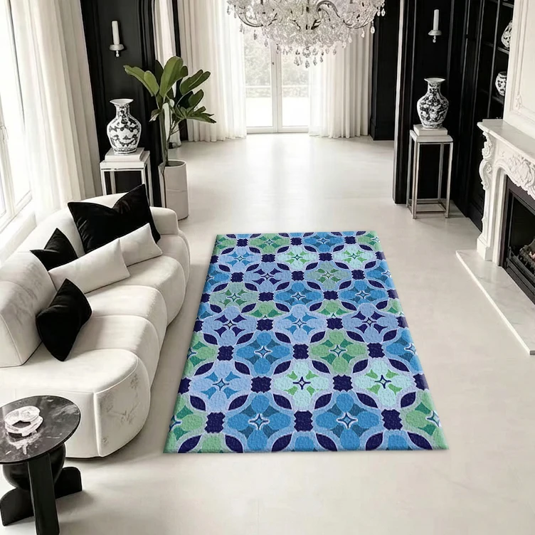 Bohemian Style Blue-Green Floral Tile Carpet Vintage Style Home Decor Indoor Carpet