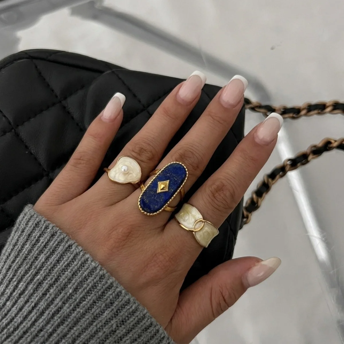 Edelstahl-Rechteck-Naturstein-Emaille-Fingerringe für Damen und Herren, königlicher Vintage-geometrischer Imitationsperlenring, Schmuck – Detail 10