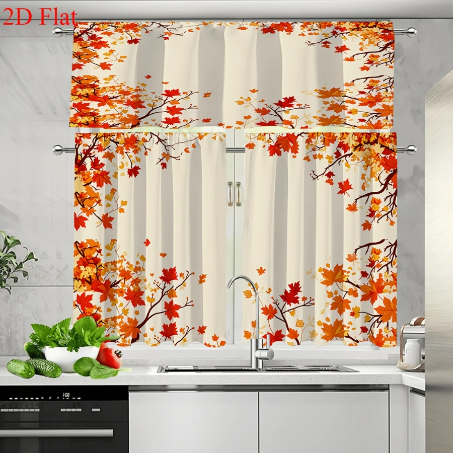 3-teiliges Küchenvorhang-Set mit Herbstblättermuster, Lebendige Herbstlaub-Fensterdekoration für Küche, Bad, Café und Heimdekoration – Detail 4