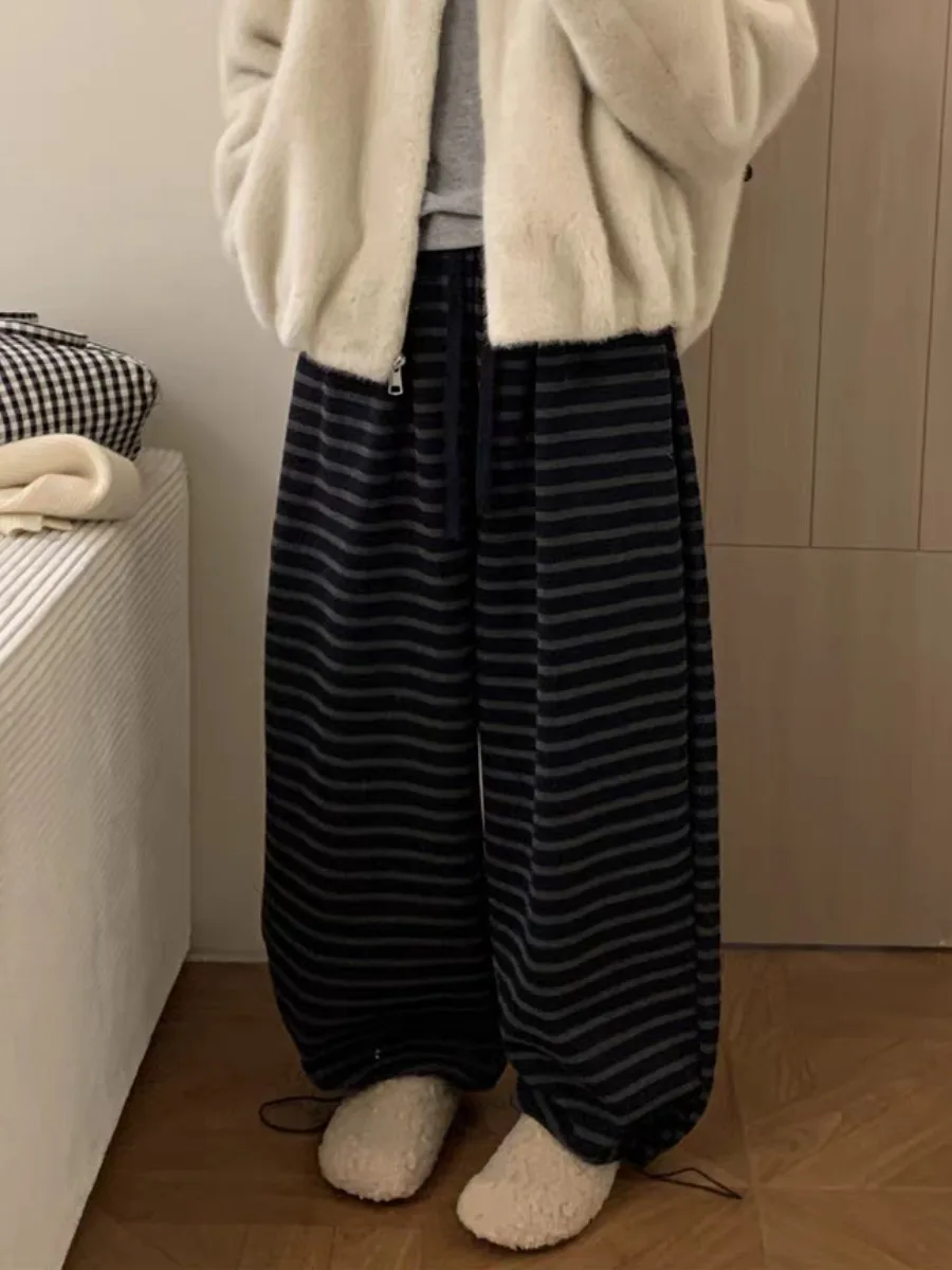 Thi Warm Faionable Striped Wide Leg Pants Women's High Waist Drapey Straight Cut Trousers plus Size Korean Sle Cuffed P...